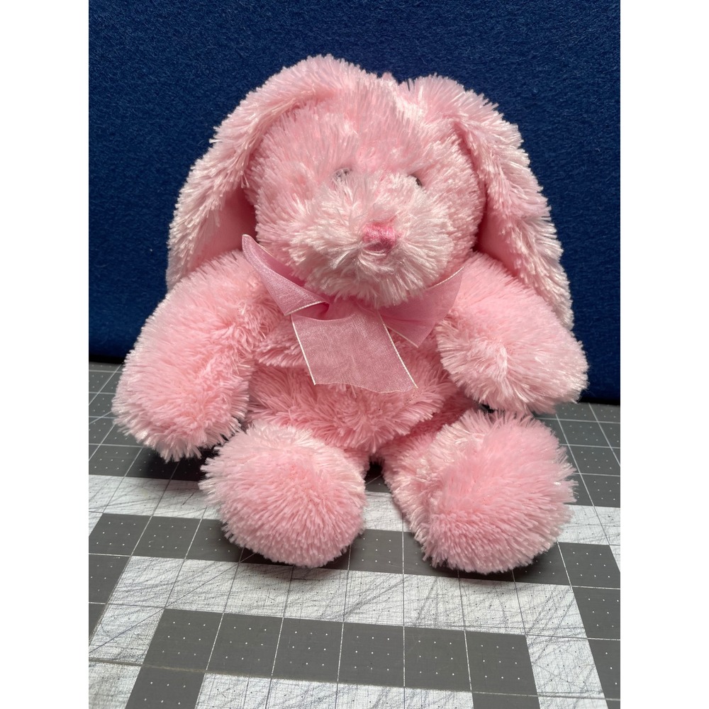 Commonwealth Plush Bunny Pink Shaggy Rabbit Stuffed Animal White Tail Bow